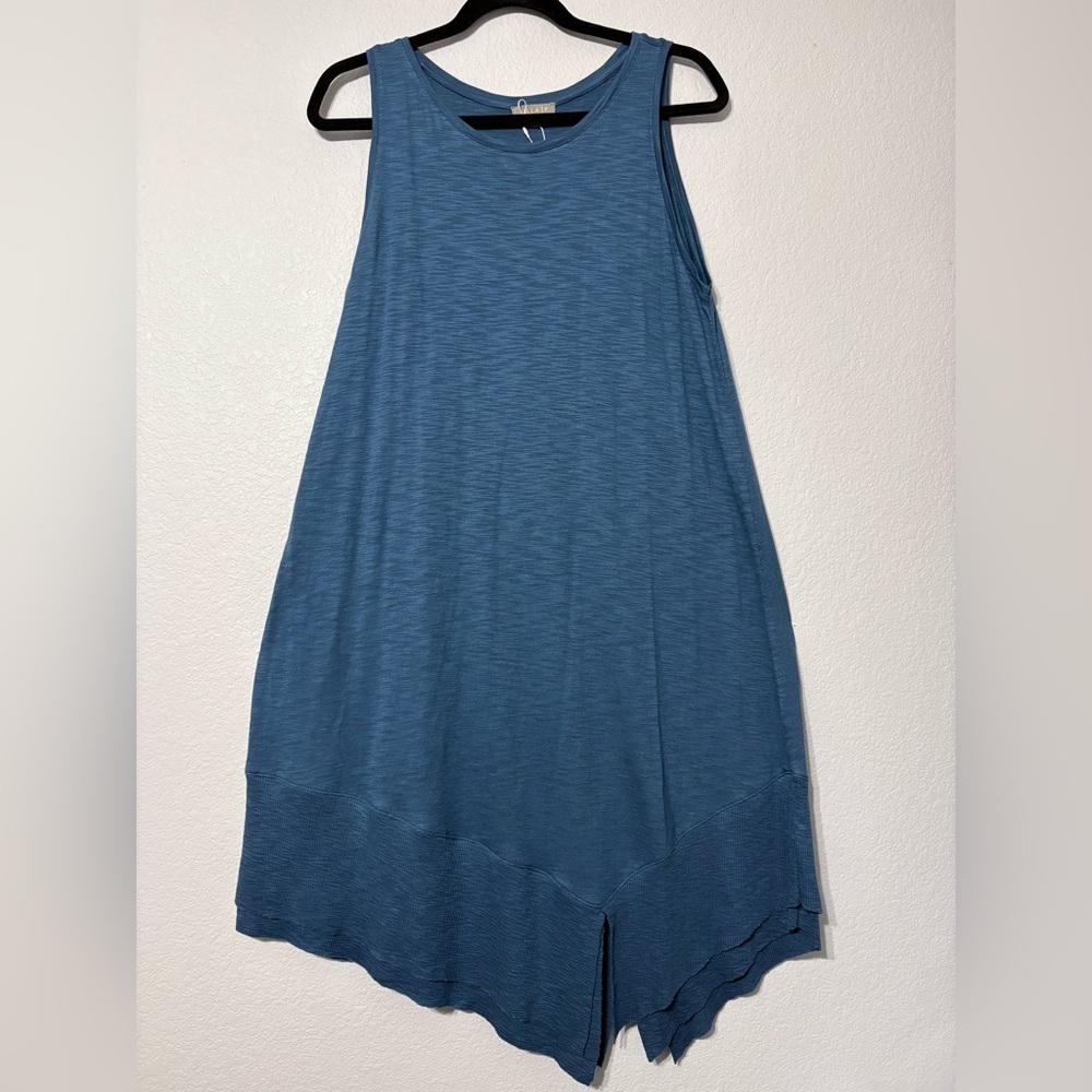 Lilla P Blue Knit Tank Dress with Asymmetrical Hem and Slit. Soft Pima Cotton.